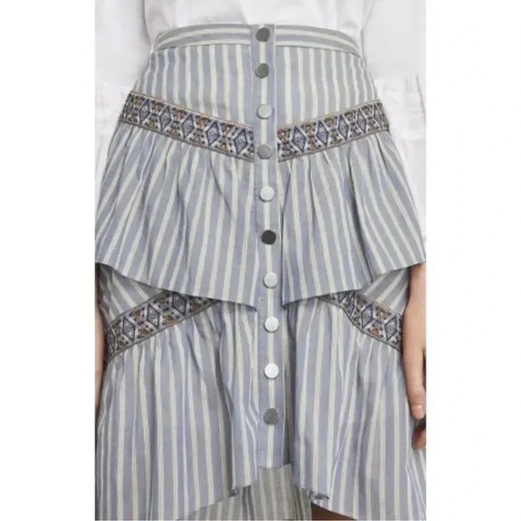 BCBGMAXAZRIA | Bohemian Blue Linen Tiered Ruffle Stripe Button Skirt Size XXS - Picture 7 of 8
